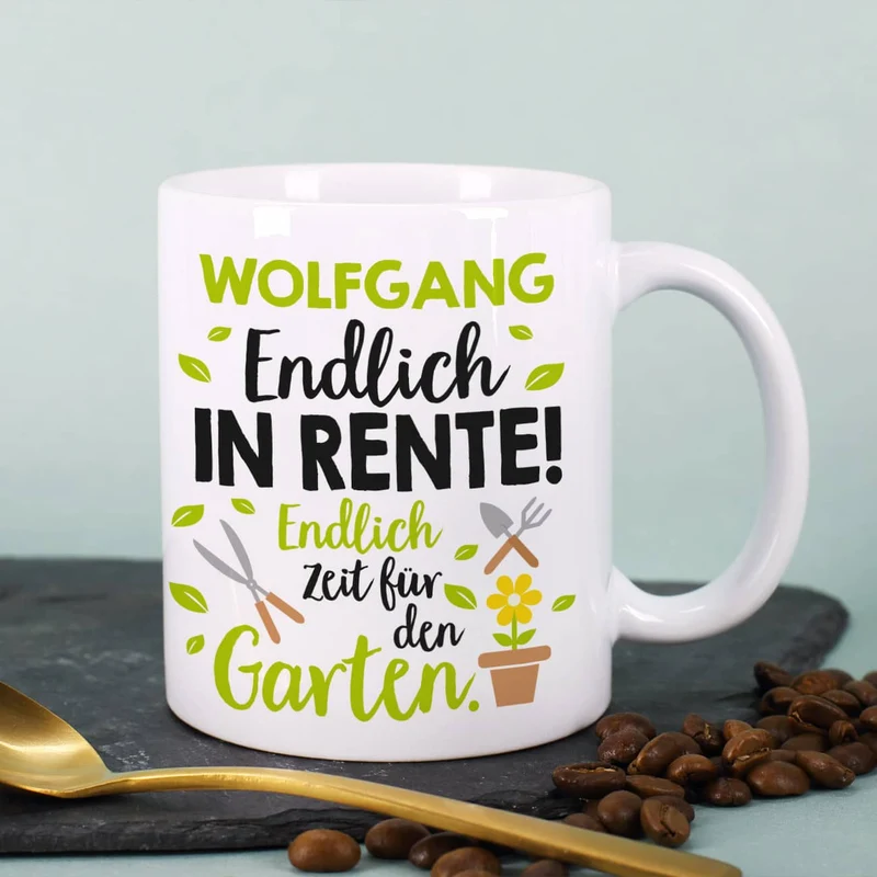 Endlich in Rente! - Tasse für Gärtner mit Wunschname