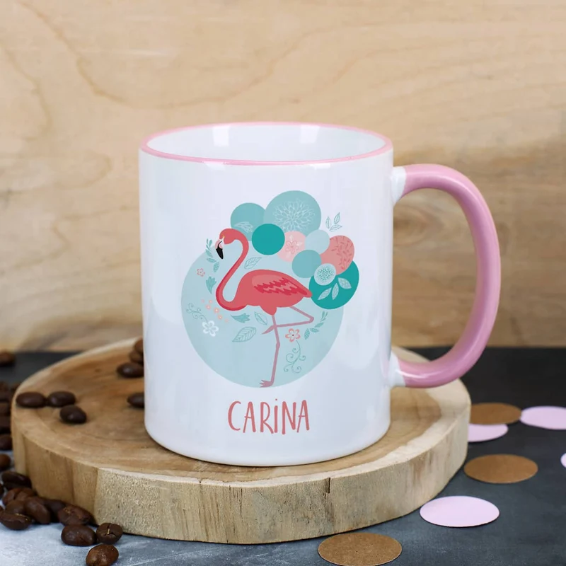 Flamingo Tasse mit Wunschtext und rosa Henkel