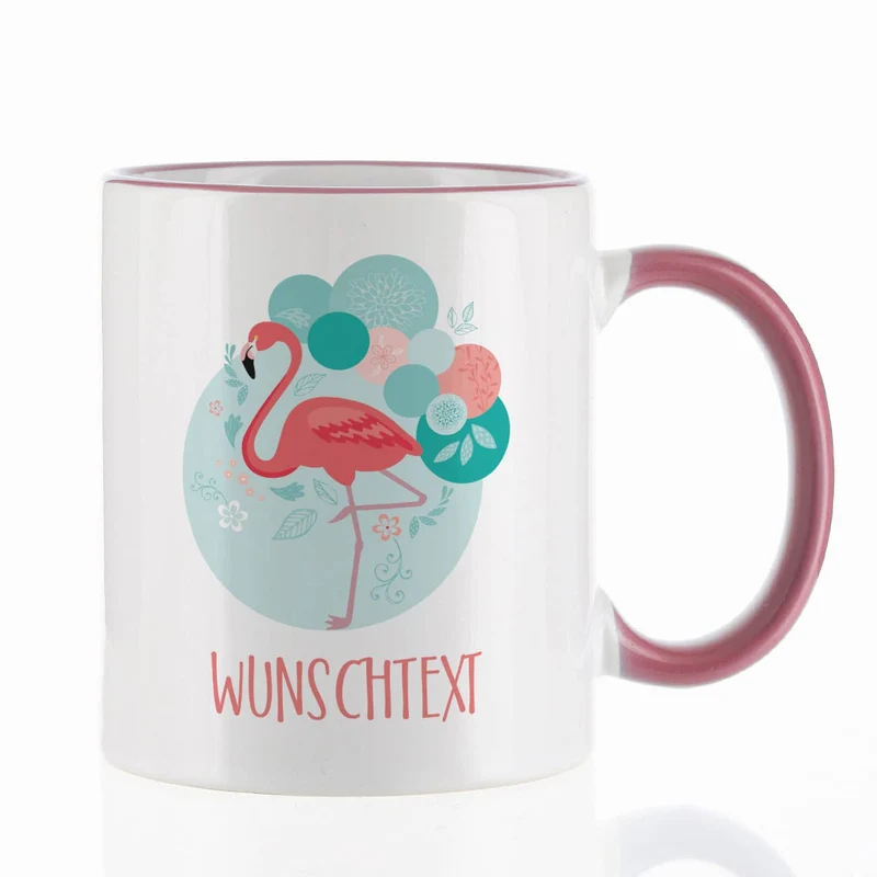 Flamingo Tasse mit Wunschtext und rosa Henkel