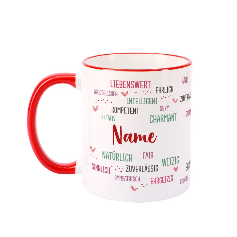 Tasse mit positiven Eigenschaften und Name bedruckt, rot