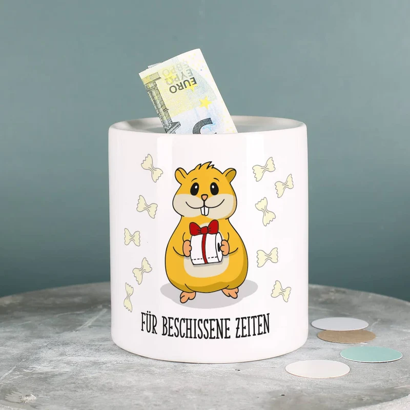 Hamster - Spardose bedruckt mit Klopapier, Nudeln und Wunschtext