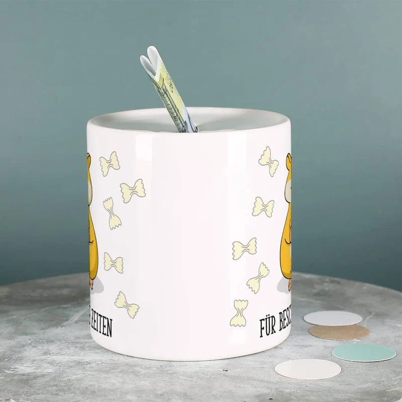 Hamster - Spardose bedruckt mit Klopapier, Nudeln und Wunschtext