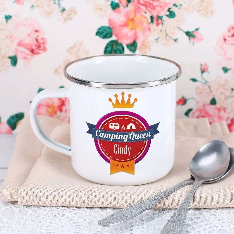 Campingqueen - emaillierte Metalltasse mit Namen bedruckt