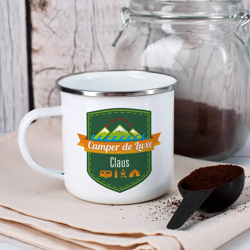 Camper de Luxe - Emailletasse mit Wunschname