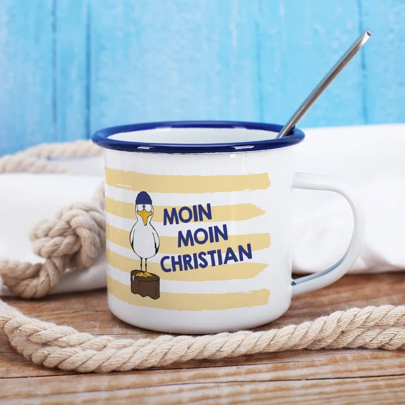 Maritime Metalltasse - Moin Moin - mit Wunschname und Möwen-Motiv
