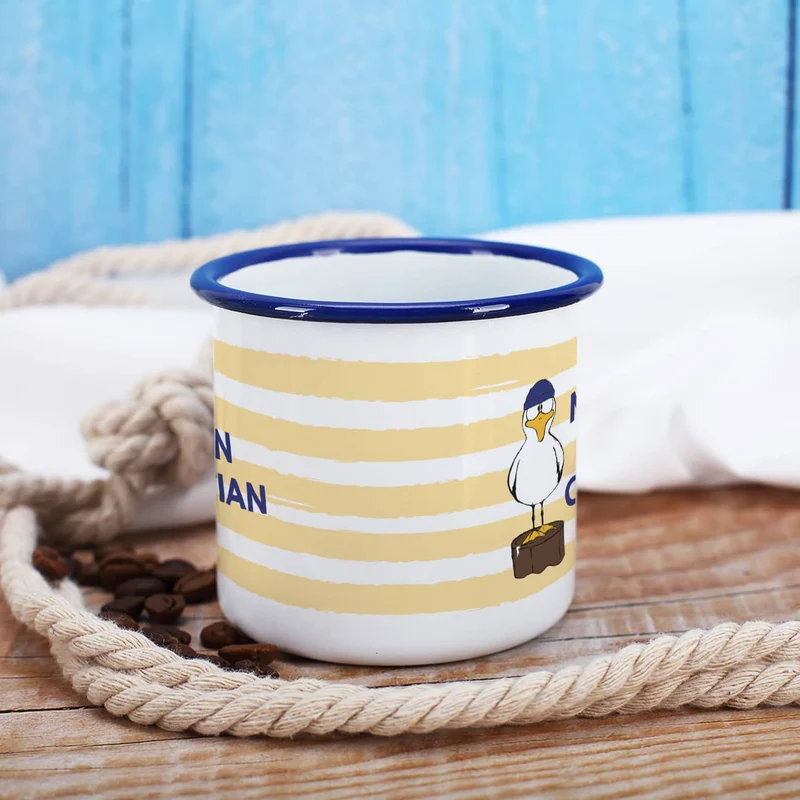 Maritime Metalltasse - Moin Moin - mit Wunschname und Möwen-Motiv