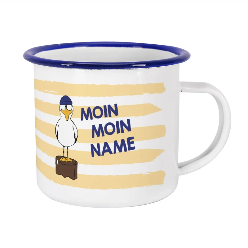 Maritime Metalltasse - Moin Moin - mit Wunschname und Möwen-Motiv