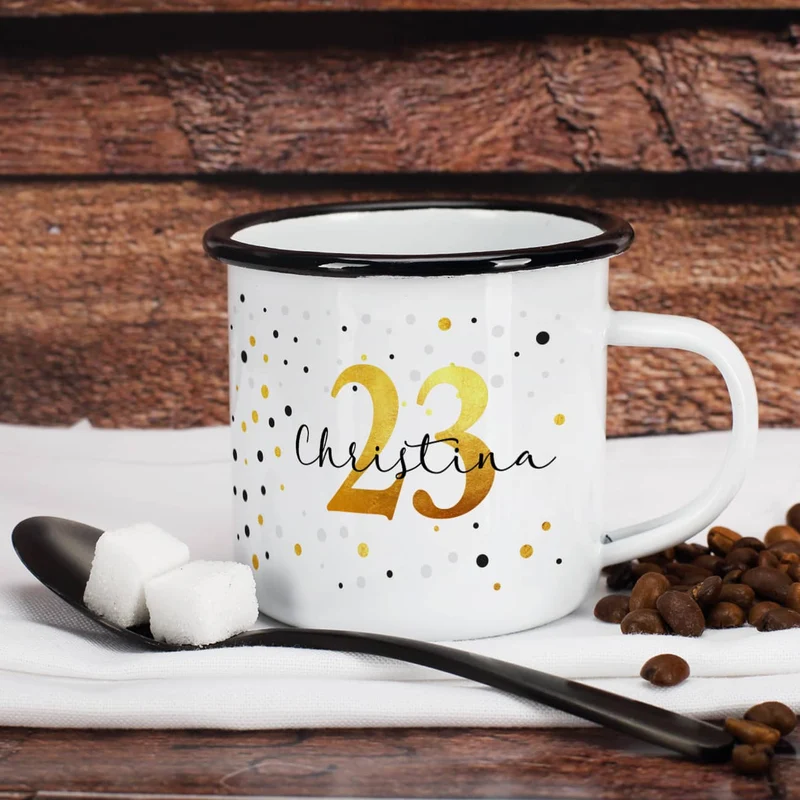 Geburtstagstasse aus Emaille mit Alter und Name bedruckt