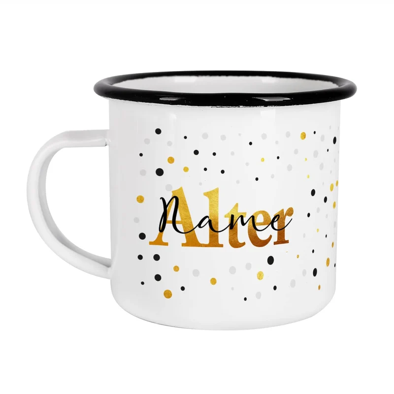 Geburtstagstasse aus Emaille mit Alter und Name bedruckt