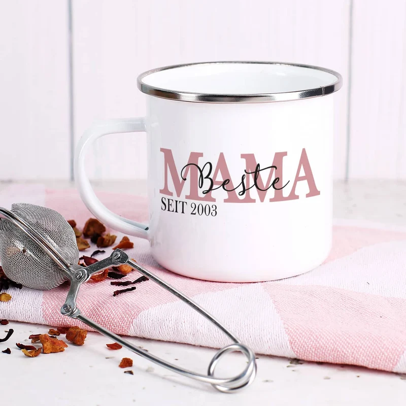 Emailletasse - Mama seit - mit Namensaufdruck zum Muttertag