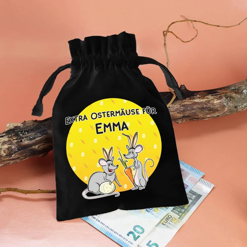 Kleiner Stoffsack "Extra Ostermäuse" mit Ihrem Wunschnamen bedruckt