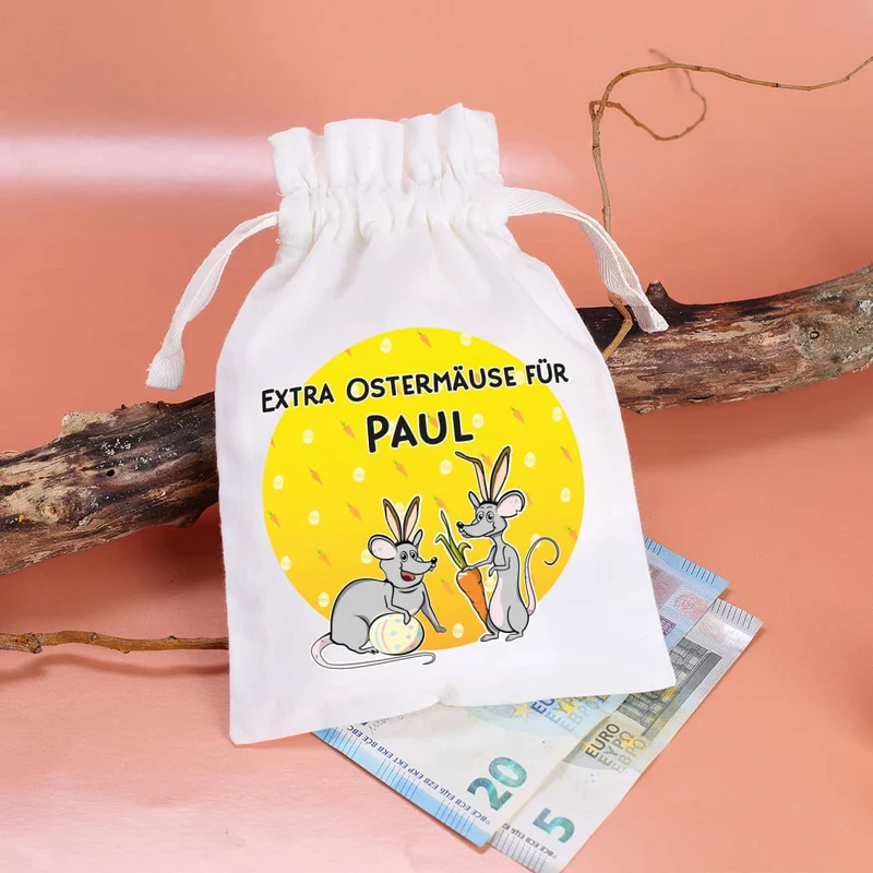 Kleiner Stoffsack "Extra Ostermäuse" mit Ihrem Wunschnamen bedruckt