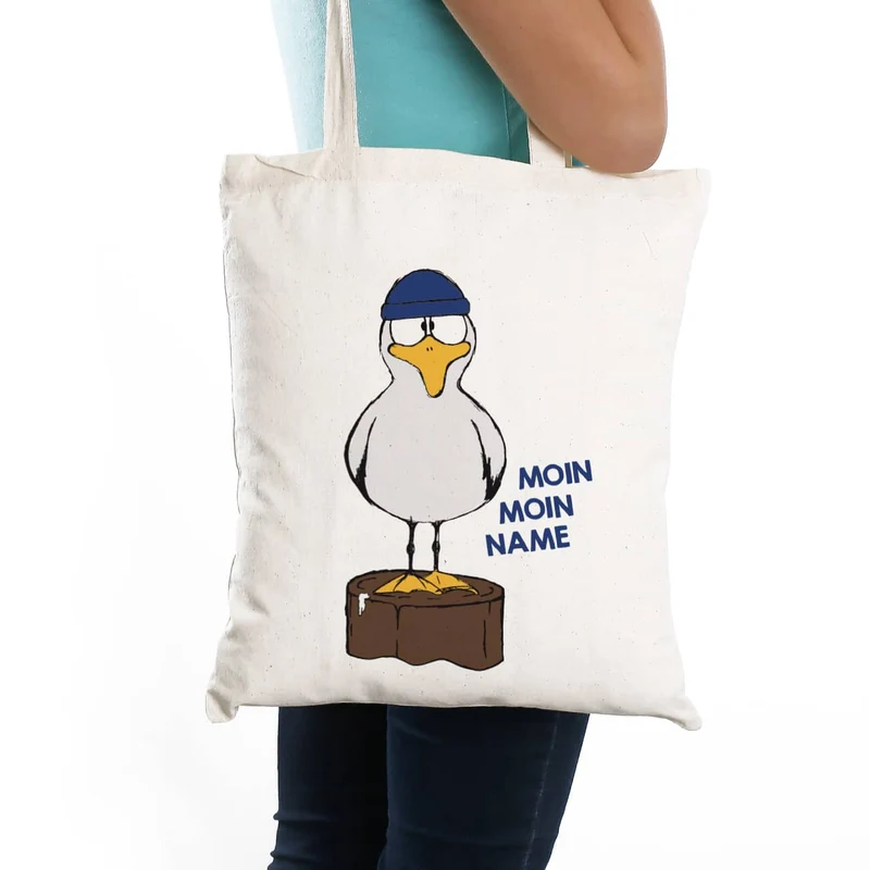 Jutebeutel mit Möwe, Moin Moin und Ihrem Wunschnamen bedruckt