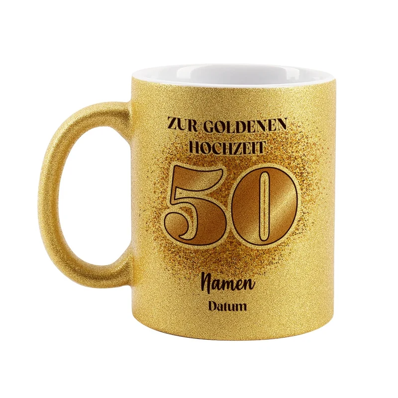 Glitzertasse zur goldenen Hochzeit mit Namen und Datum