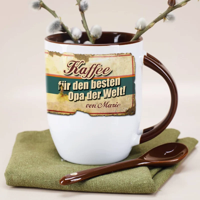 Kaffeetasse mit Löffel für den besten Opa mit Wunschname bedruckt