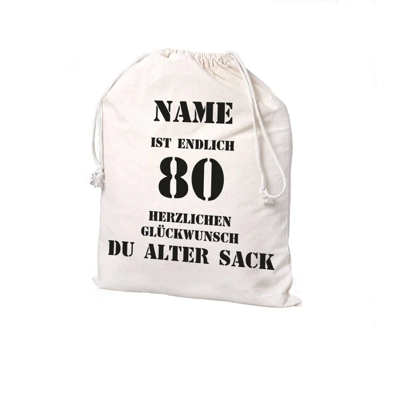 personalisierter Zuziehsack zum 80. Geburtstag eines alten Sacks