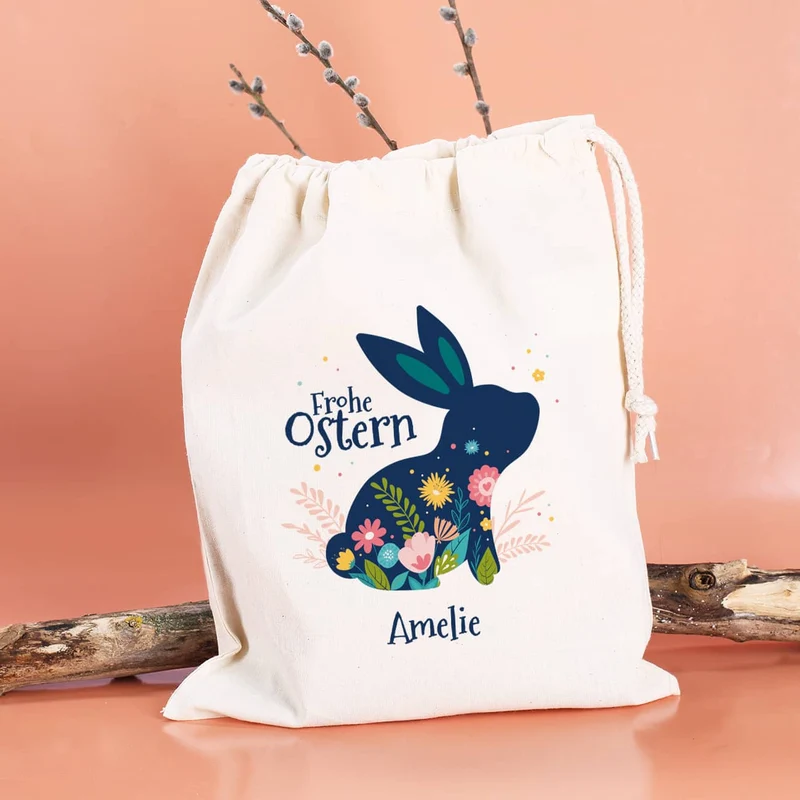 Frohe Ostern - Geschenksack mit Osterhase, Blüten und Wunschtext, 25 x 32 cm