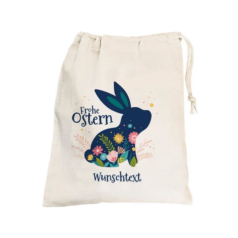 Frohe Ostern - Geschenksack mit Osterhase, Blüten und Wunschtext, 25 x 32 cm