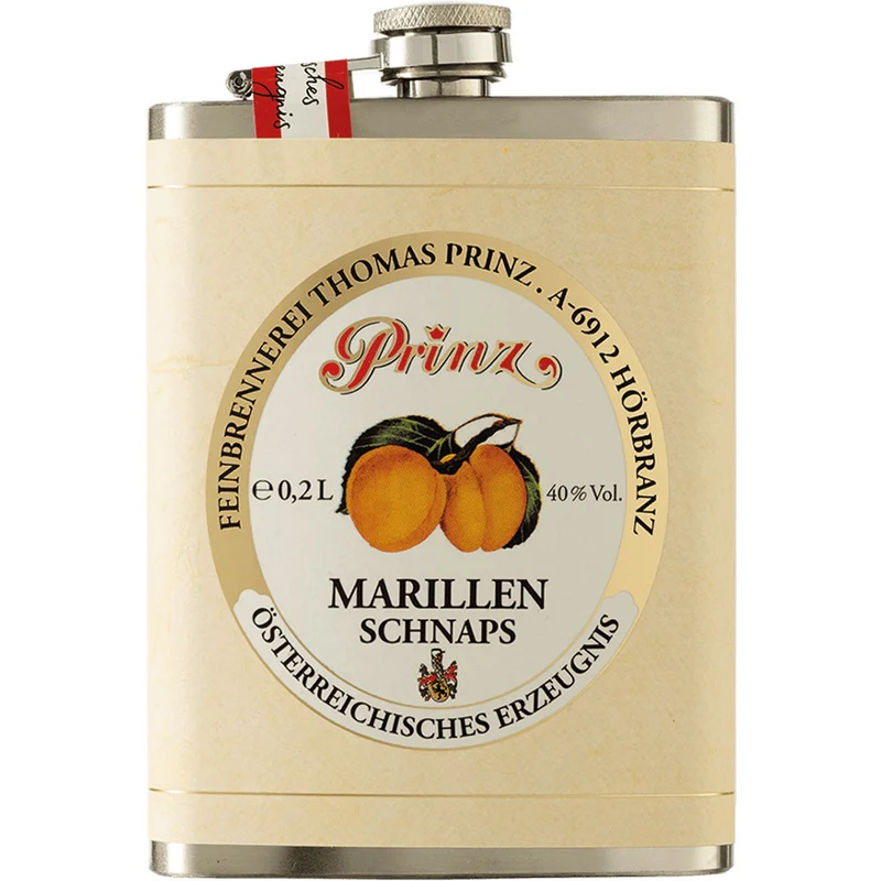 Prinz Marillen-Schnaps im Edelstahl-Flachmann 40% 0,2 Liter