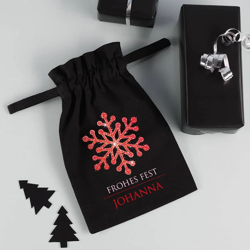Kleines Geschenksäckchen mit Schneekristall, Wunschtext und Name, 21 x 14 cm
