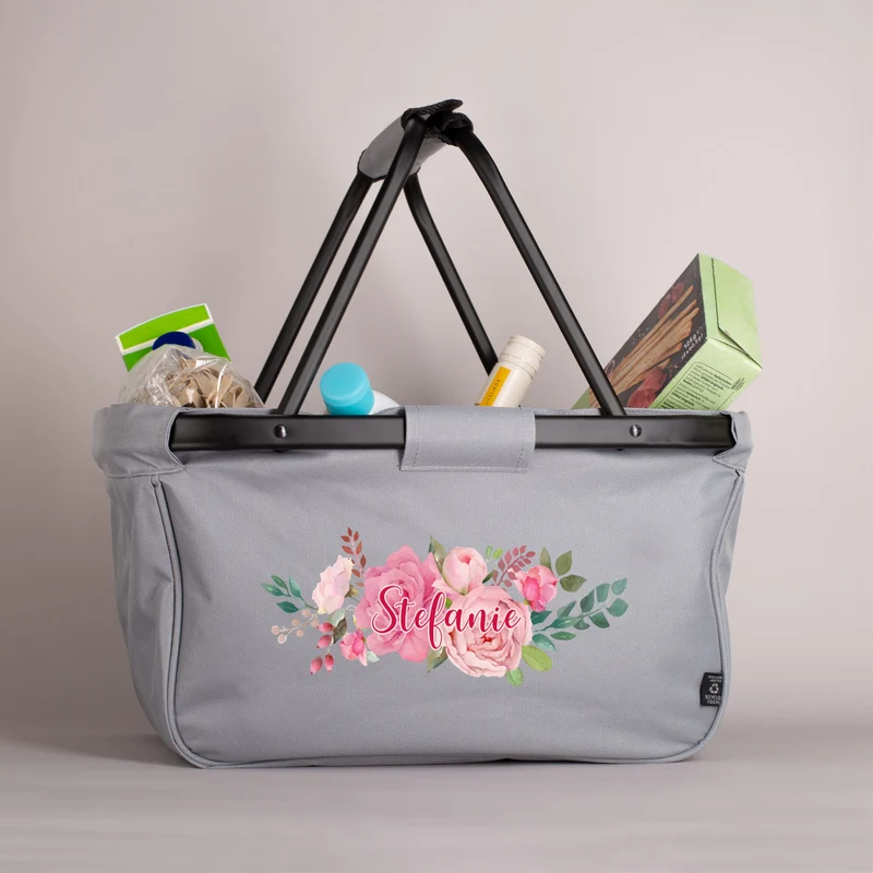 Praktischer Einkaufskorb mit Blumenbouquet und individuellem Aufdruck