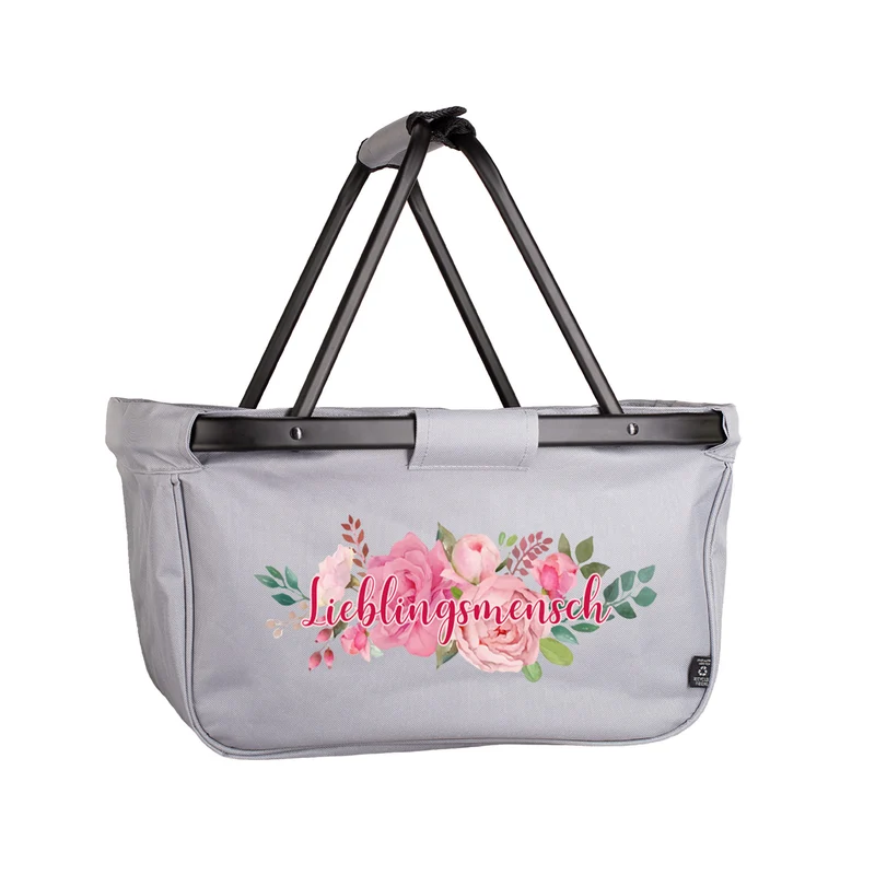 Praktischer Einkaufskorb mit Blumenbouquet und individuellem Aufdruck