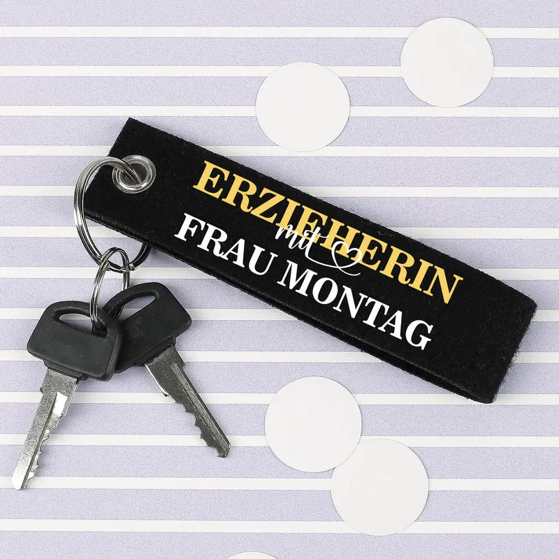 Schlüsselanhänger aus Filz - Erzieherin mit Herz - mit Namensaufdruck