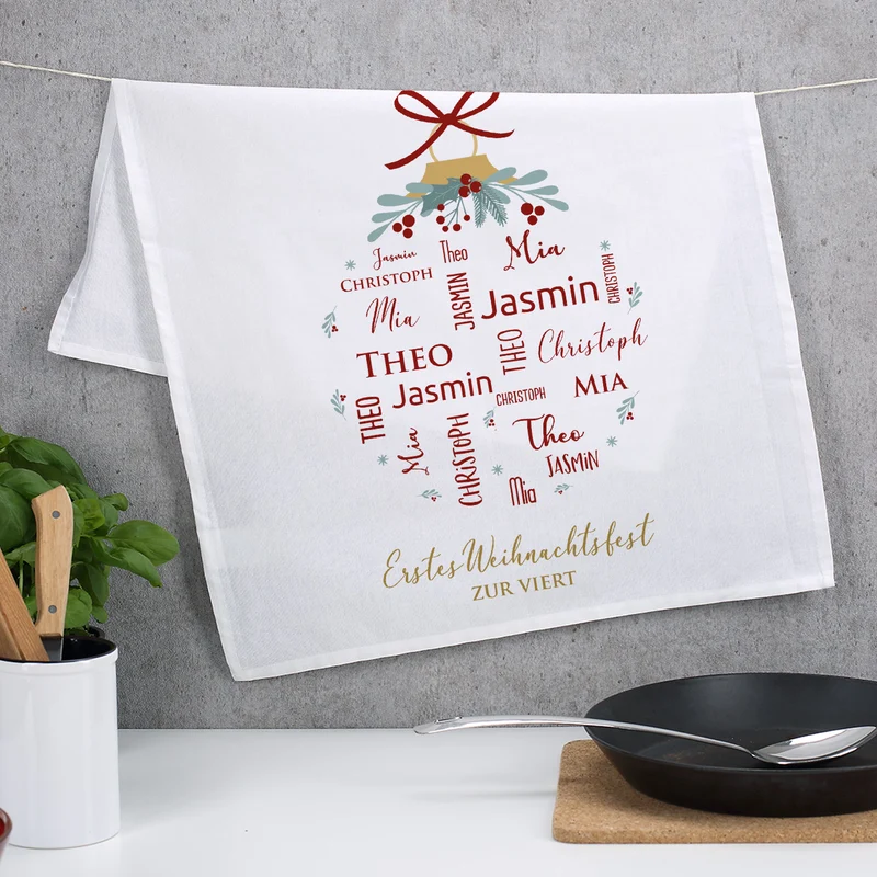 Weihnachts-Geschirrtuch mit bis zu vier Namen und Wunschtext bedruckt