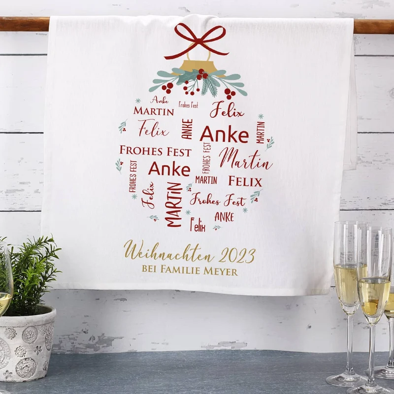 Weihnachts-Geschirrtuch mit bis zu vier Namen und Wunschtext bedruckt