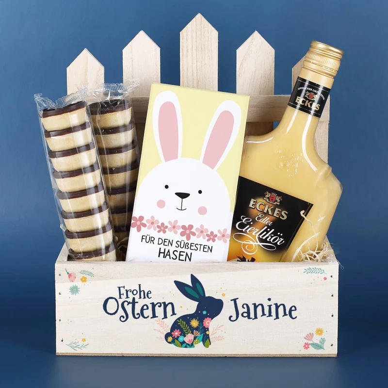 Frohe Ostern - Geschenkset mit Eierlikör und Schokolade im Geschenkkorb