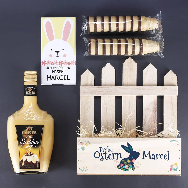 Frohe Ostern - Geschenkset mit Eierlikör und Schokolade im Geschenkkorb