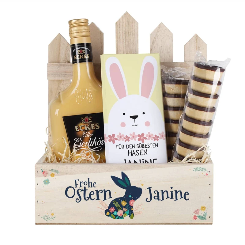 Frohe Ostern - Geschenkset mit Eierlikör und Schokolade im Geschenkkorb