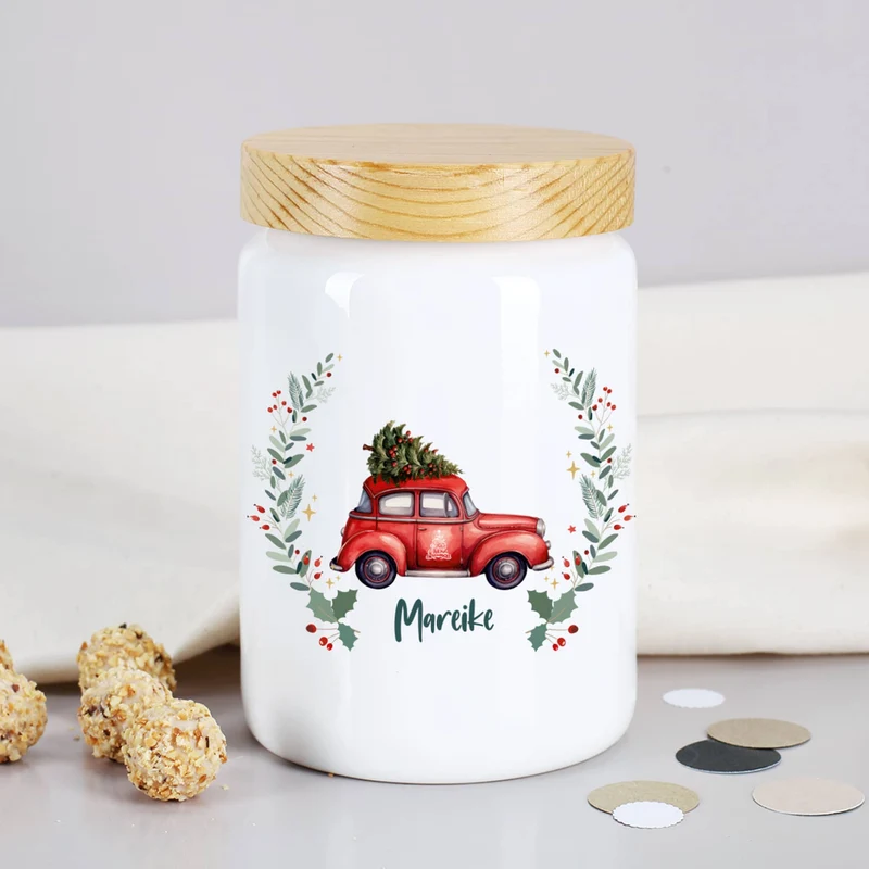 Keramikdose mit weihnachtlichem Motiv und Wunschname