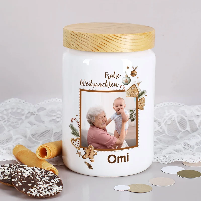 Keksdose mit Lebkuchenmotiv, Ihrem Foto und Wunschnamen bedruckt