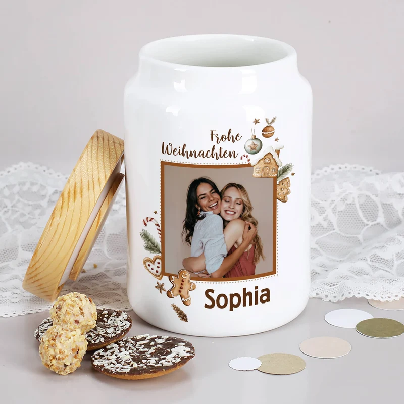 Keksdose mit Lebkuchenmotiv, Ihrem Foto und Wunschnamen bedruckt