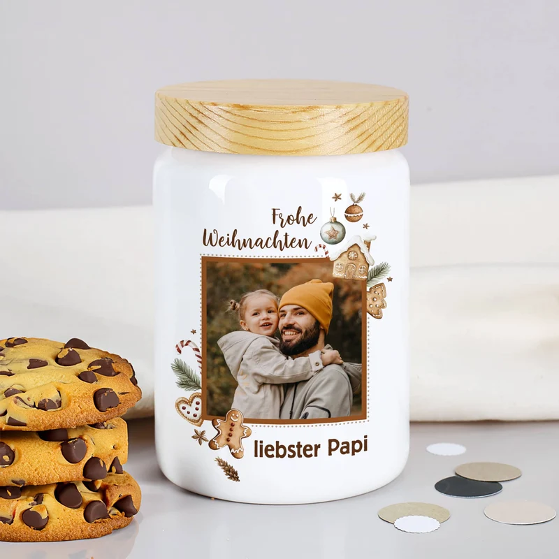 Keksdose mit Lebkuchenmotiv, Ihrem Foto und Wunschnamen bedruckt