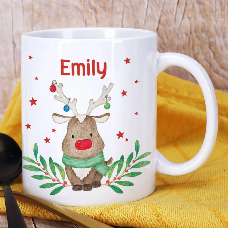 Weihnachtstasse mit Rentiermotiv und Name