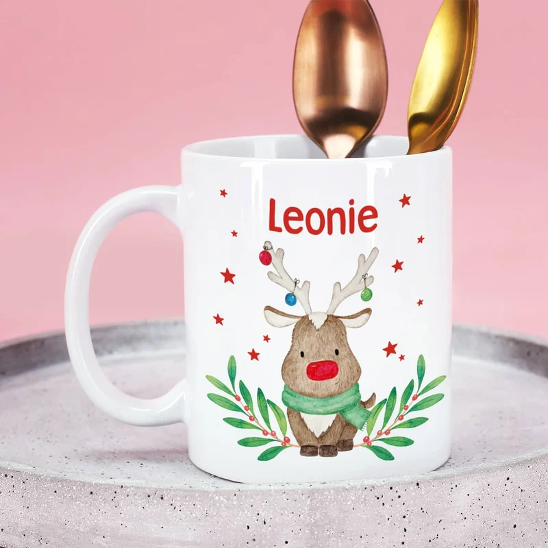 Weihnachtstasse mit Rentiermotiv und Name