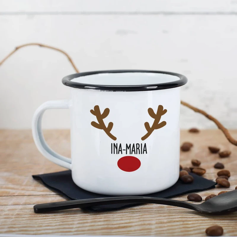 Weihnachtstasse mit Rentiernase, Geweih und Ihrem Wunschnamen