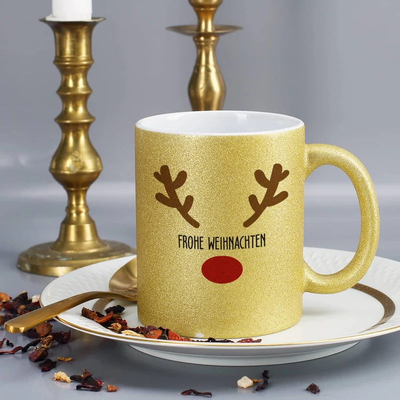 Weihnachtstasse mit Rentiernase, Geweih und Ihrem Wunschnamen