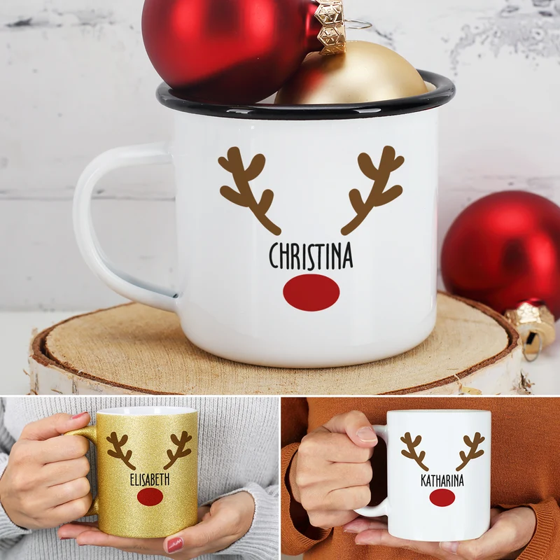 Weihnachtstasse mit Rentiernase, Geweih und Ihrem Wunschnamen