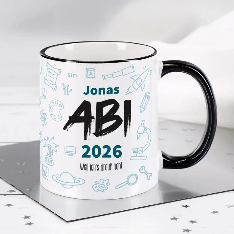 Abi Tasse mit Name, Jahr und Wunschtext - Geschenk zum Abitur