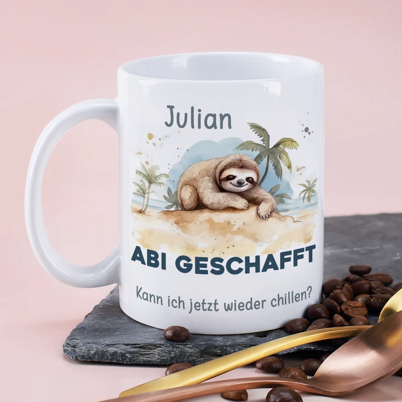 ABI & Schulabschluss - Tasse mit Faultier, Name und Wunschtext