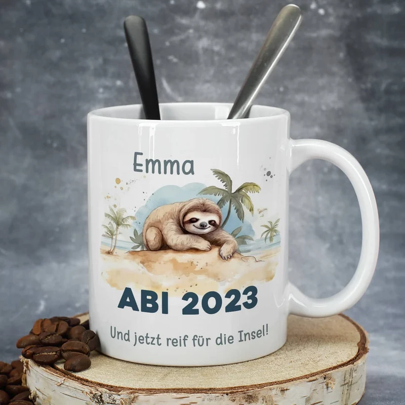 ABI & Schulabschluss - Tasse mit Faultier, Name und Wunschtext