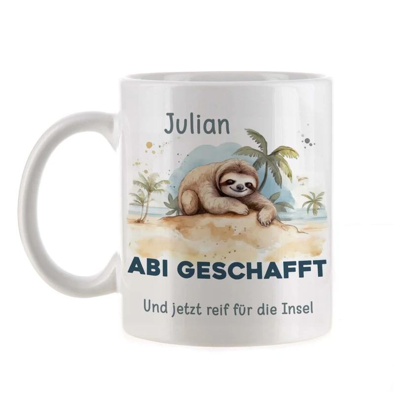 ABI & Schulabschluss - Tasse mit Faultier, Name und Wunschtext