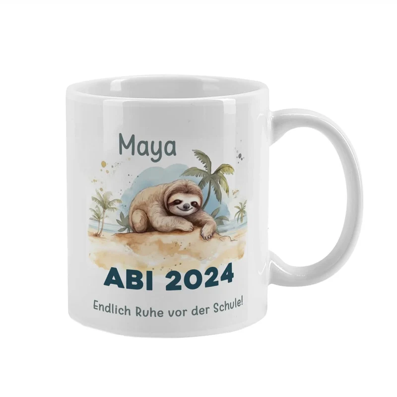 ABI & Schulabschluss - Tasse mit Faultier, Name und Wunschtext
