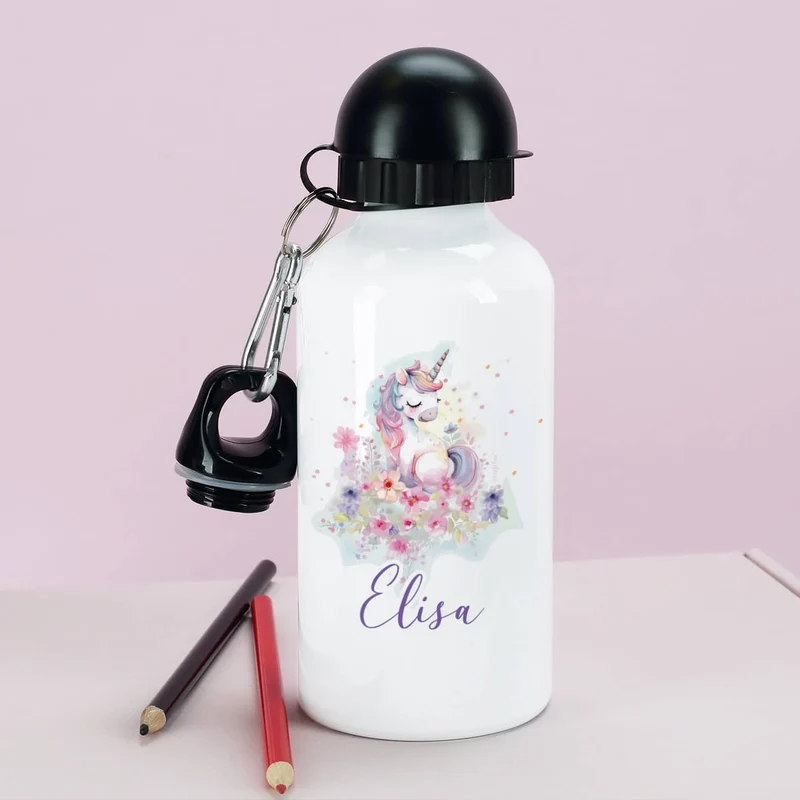 Trinkflasche aus Aluminium mit Einhorn-Motiv im Watercolorstil, Blüten und Name
