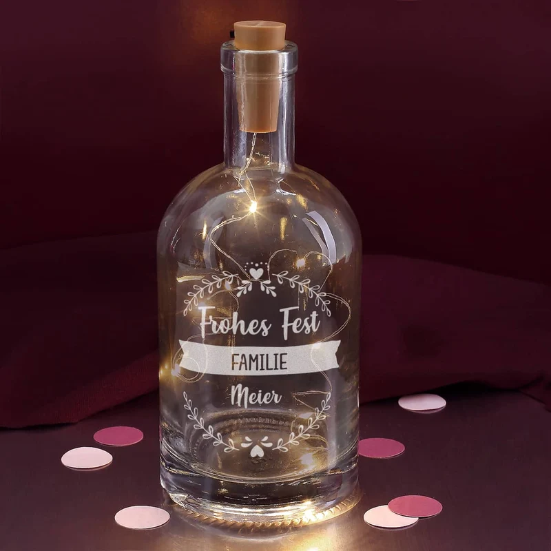 Beleuchtete Flasche mit 3 Zeilen Wunschtext graviert