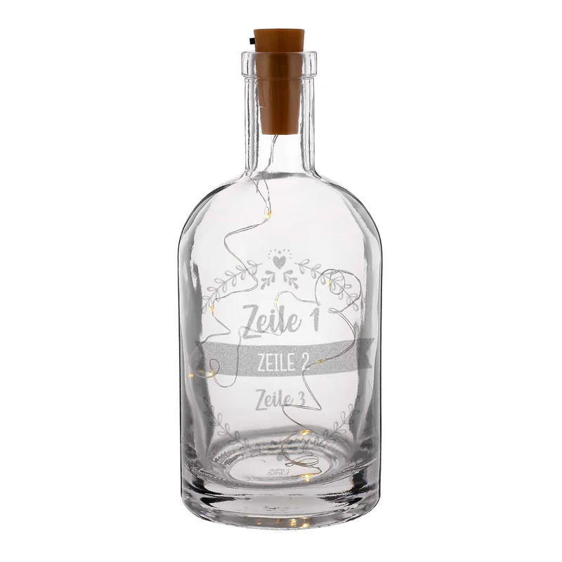 Beleuchtete Flasche mit 3 Zeilen Wunschtext graviert