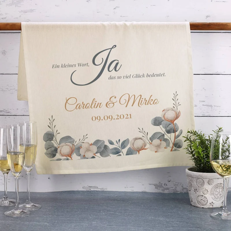 Personalisiertes Geschirrtuchtuch zur Hochzeit - Ja - Ein kleines Wort, das so viel Glück bedeutet
